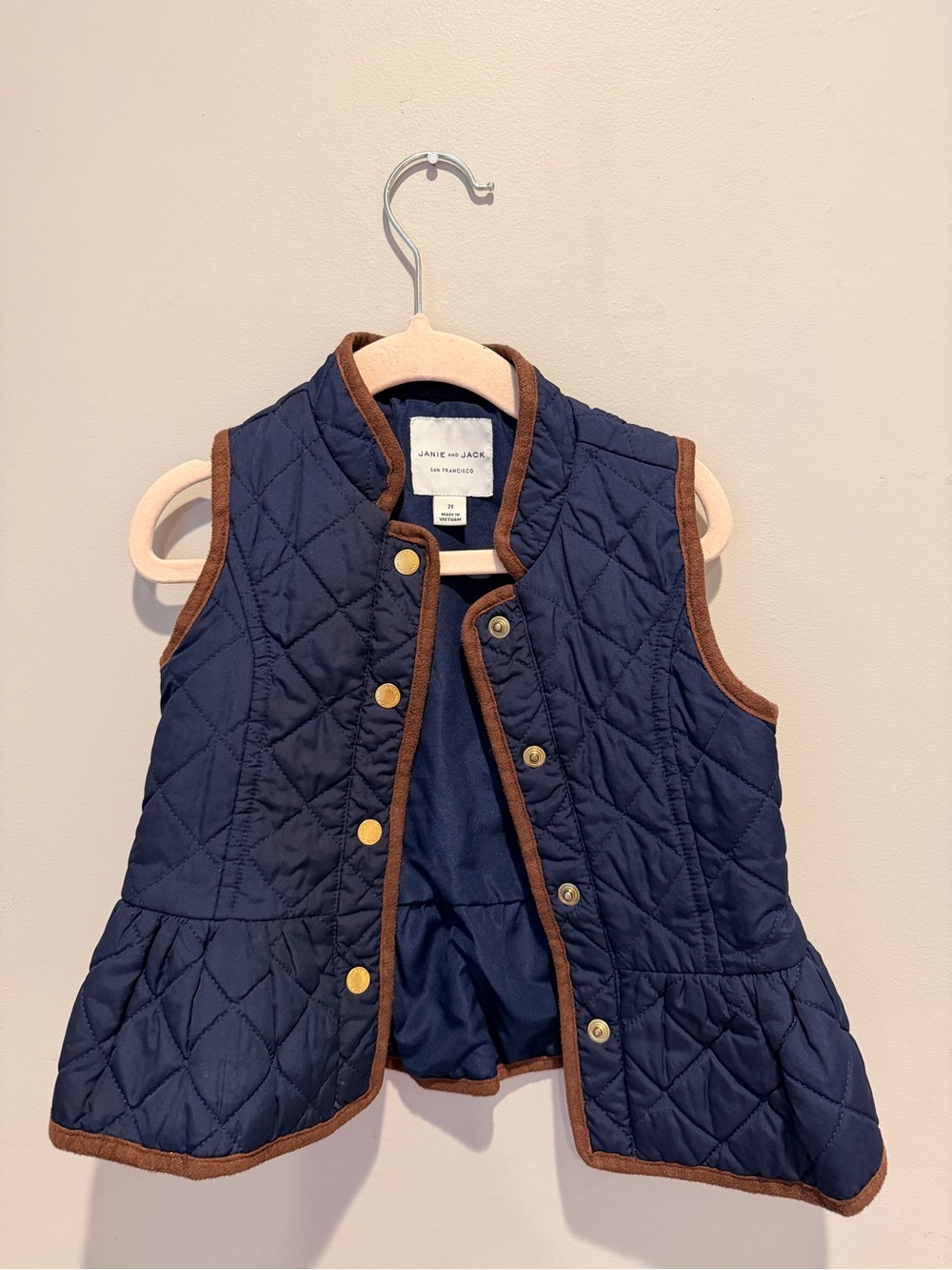 Janie and Jack Navy Quilted Peplum Vest with Brown Trim